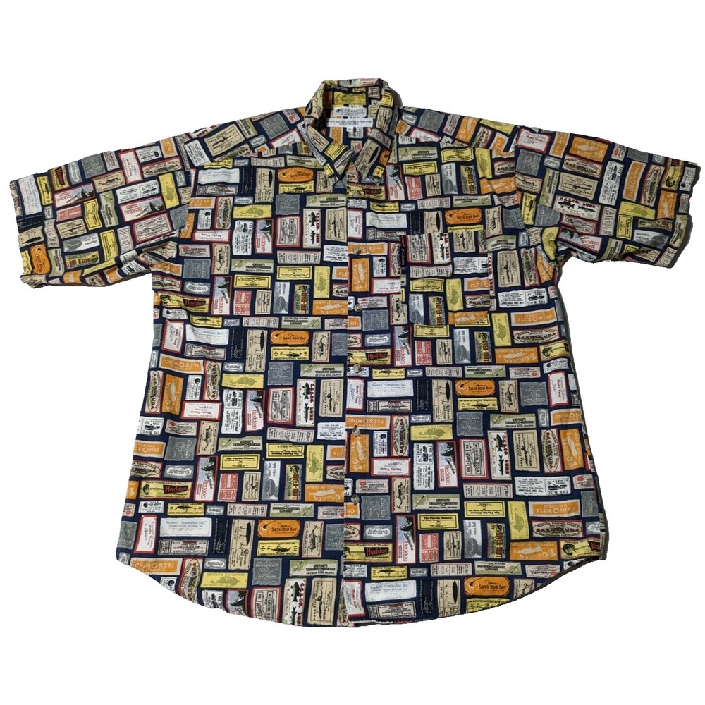 VTG COLUMBIA BAIT SHOP AOP Men Size XL Blue Cotton Camp Shirt